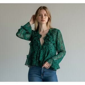 MISA Los Angeles Green Snake Print Ruffle Blouse XS Boho Luxe Statement Top